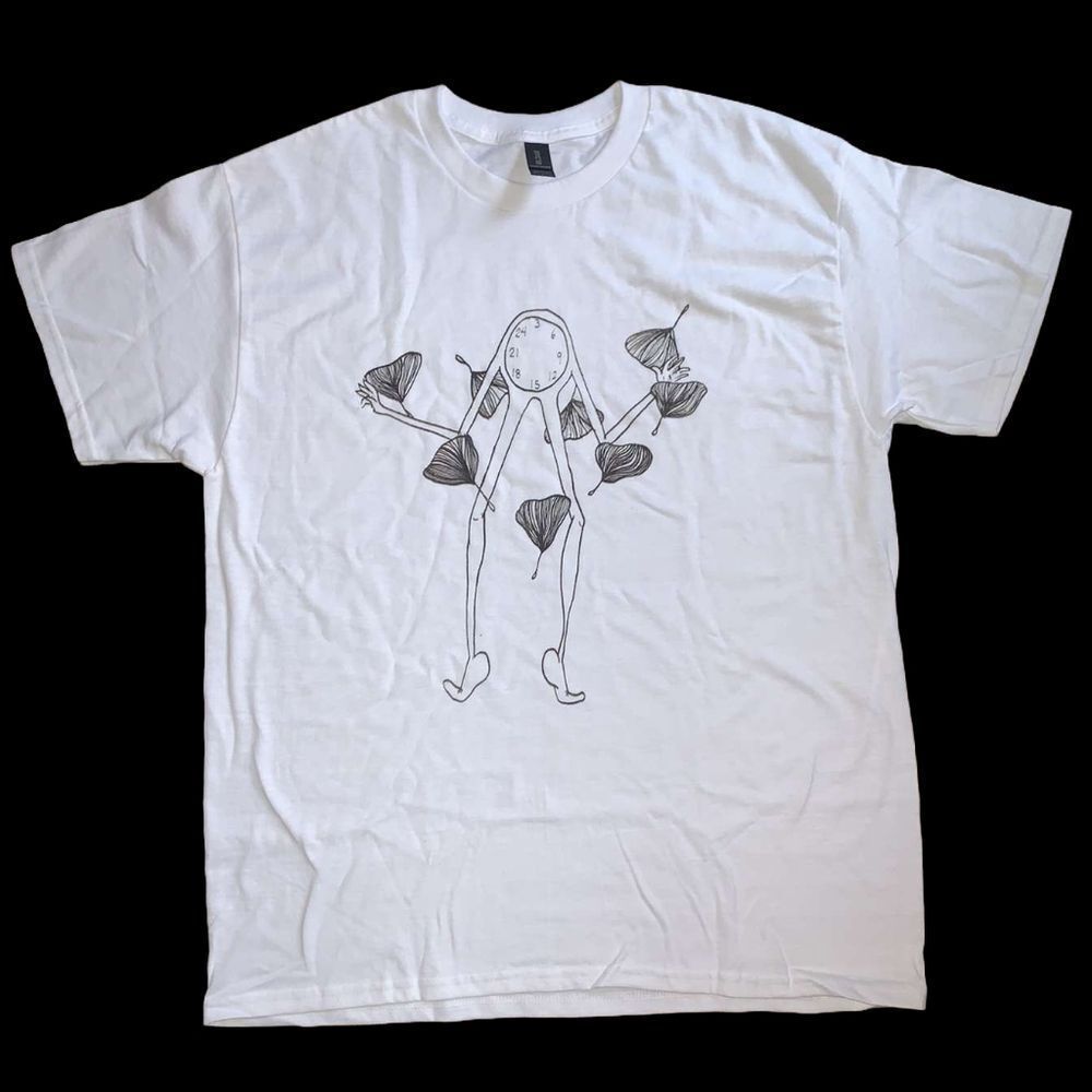 Unique Surreal Art Graphic T-Shirt - Clock Man with Legs & Floral Ginkgo Leafs